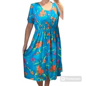 Vintage Positive Attitudes Colorful Blue Floral‎ Midi Dress 12 euc